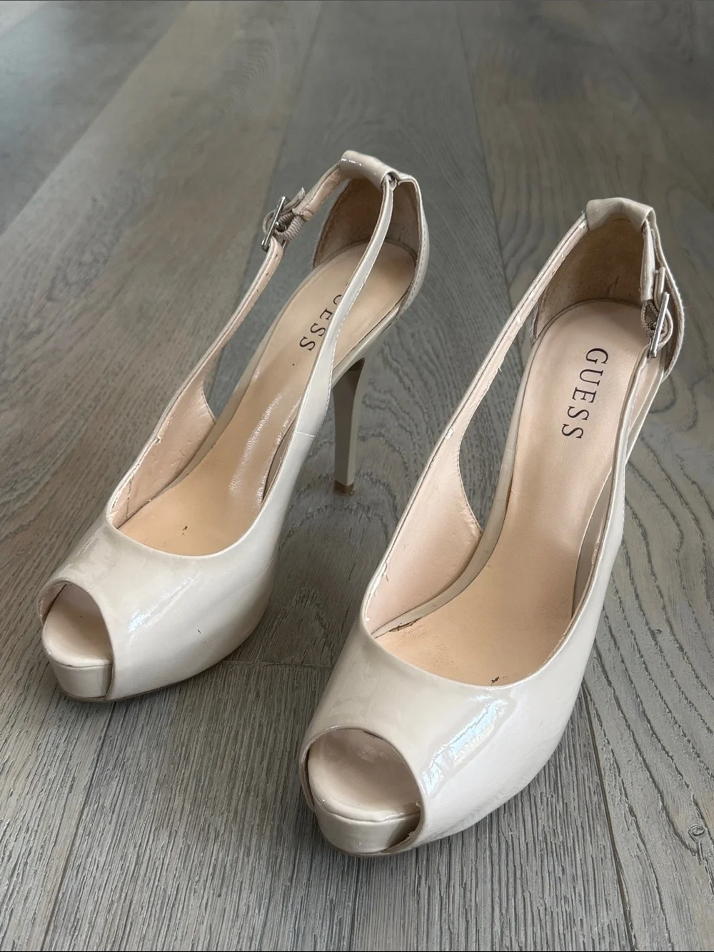 GUESS Nude Patent Slingback Peep Toe 4 3/4” Platform Heels- 8 1/2 M